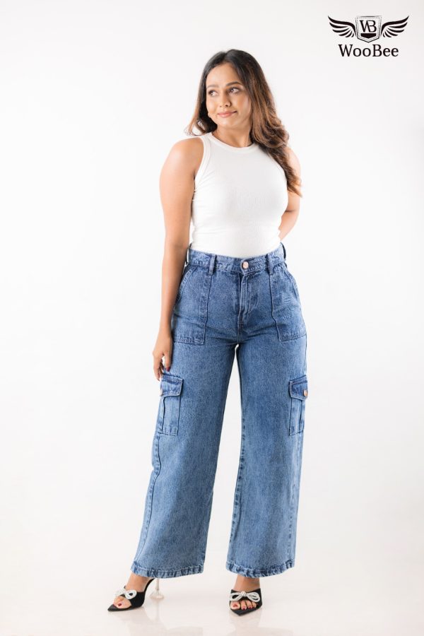 HIGHWAIST ACID WASHED CARGO JEANS