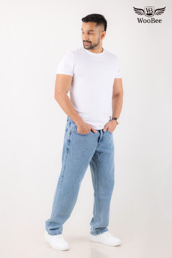 GENTS BLUE ACID WASHED WIDE LEG JEANS - Image 3