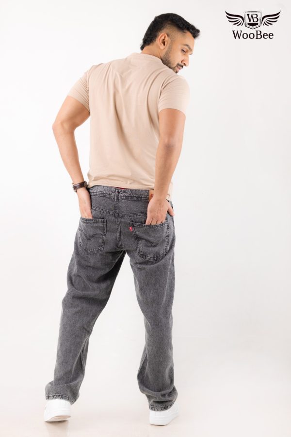 GENTS BLACK ACID WASHED WIDE LEG JEANS - Image 4