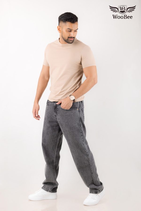 GENTS BLACK ACID WASHED WIDE LEG JEANS - Image 3